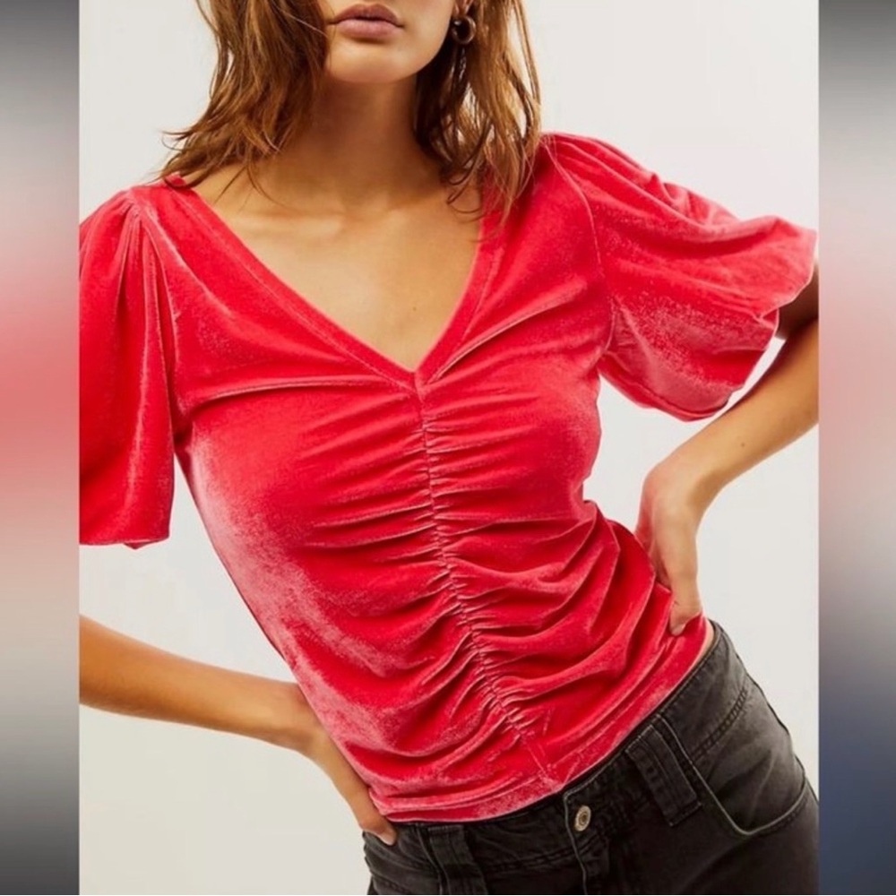 Free People cupcake velvet puff sleeve top Watermelon